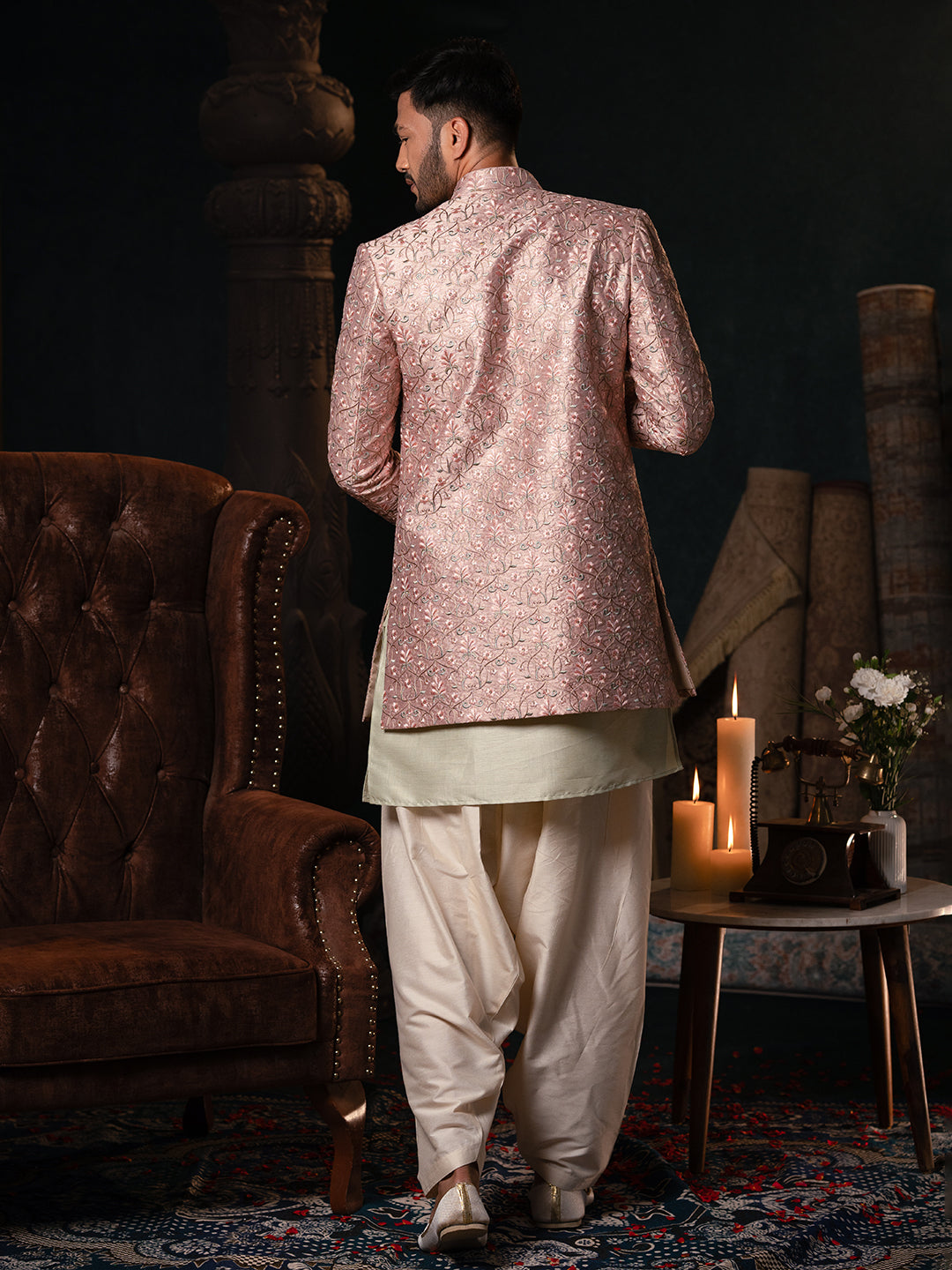 Pink Floral Embroidered Indowestern