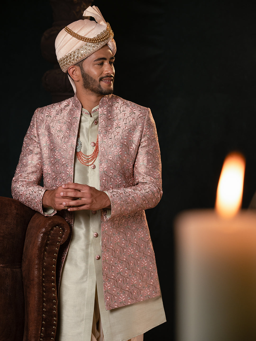 Pink Floral Embroidered Indowestern