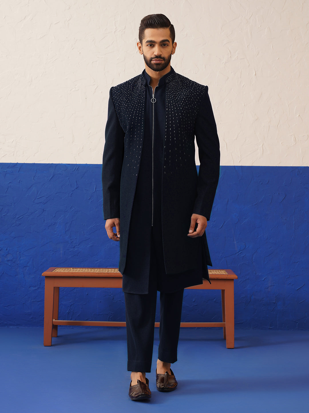 Navy Blue Embriodered Layered Indowestern