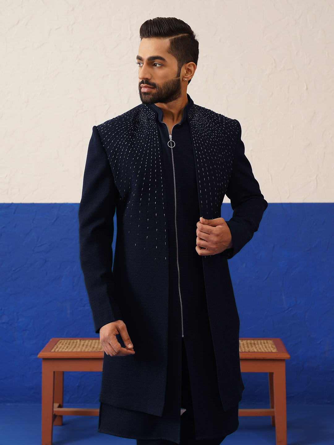 Navy Blue Embriodered Layered Indowestern