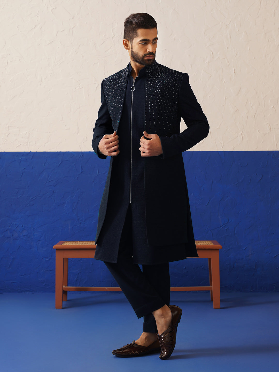 Navy Blue Embriodered Layered Indowestern