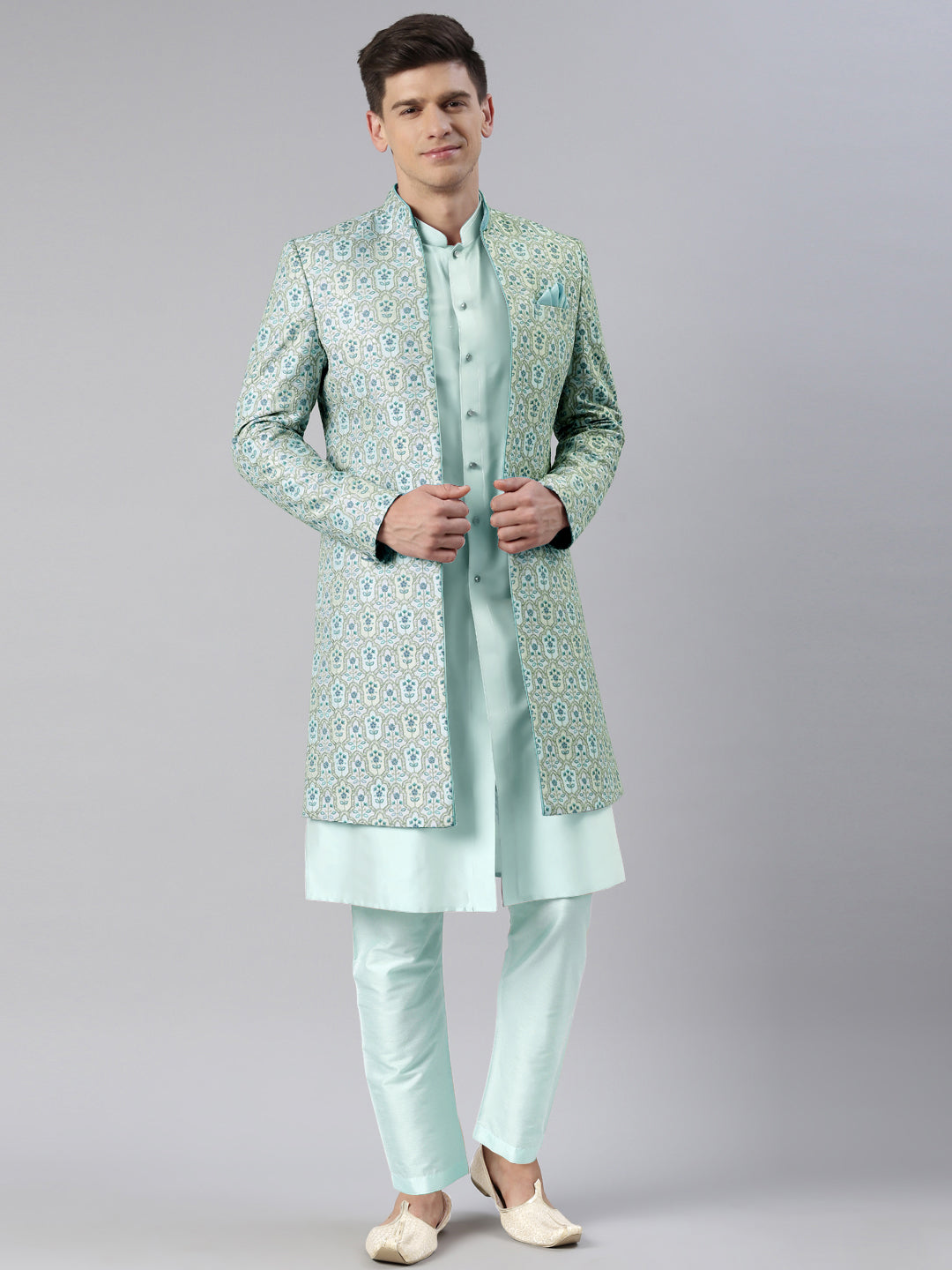 Green Embroidered Printed Achkan