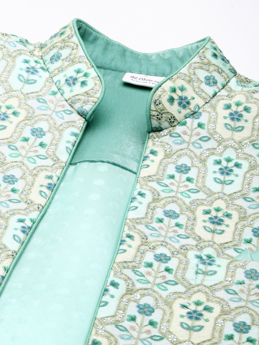 Green Embroidered Printed Achkan