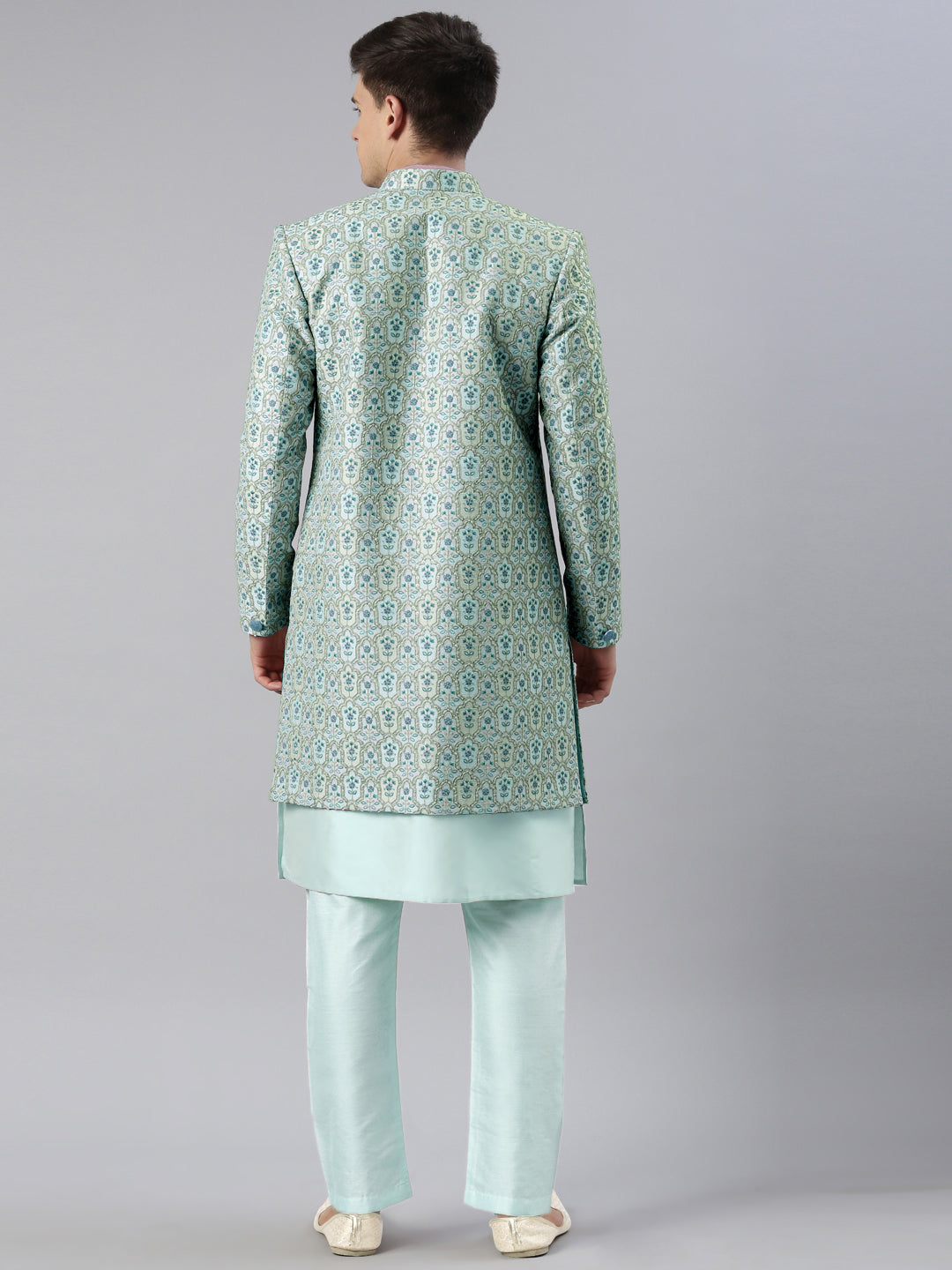 Green Embroidered Printed Achkan
