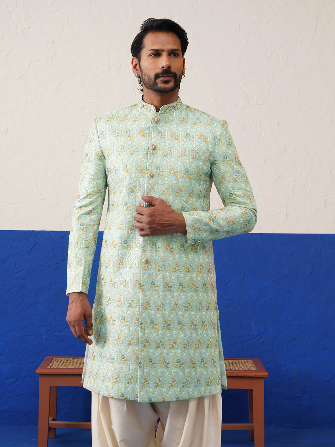 Light Blue Embriodered Indowestern set