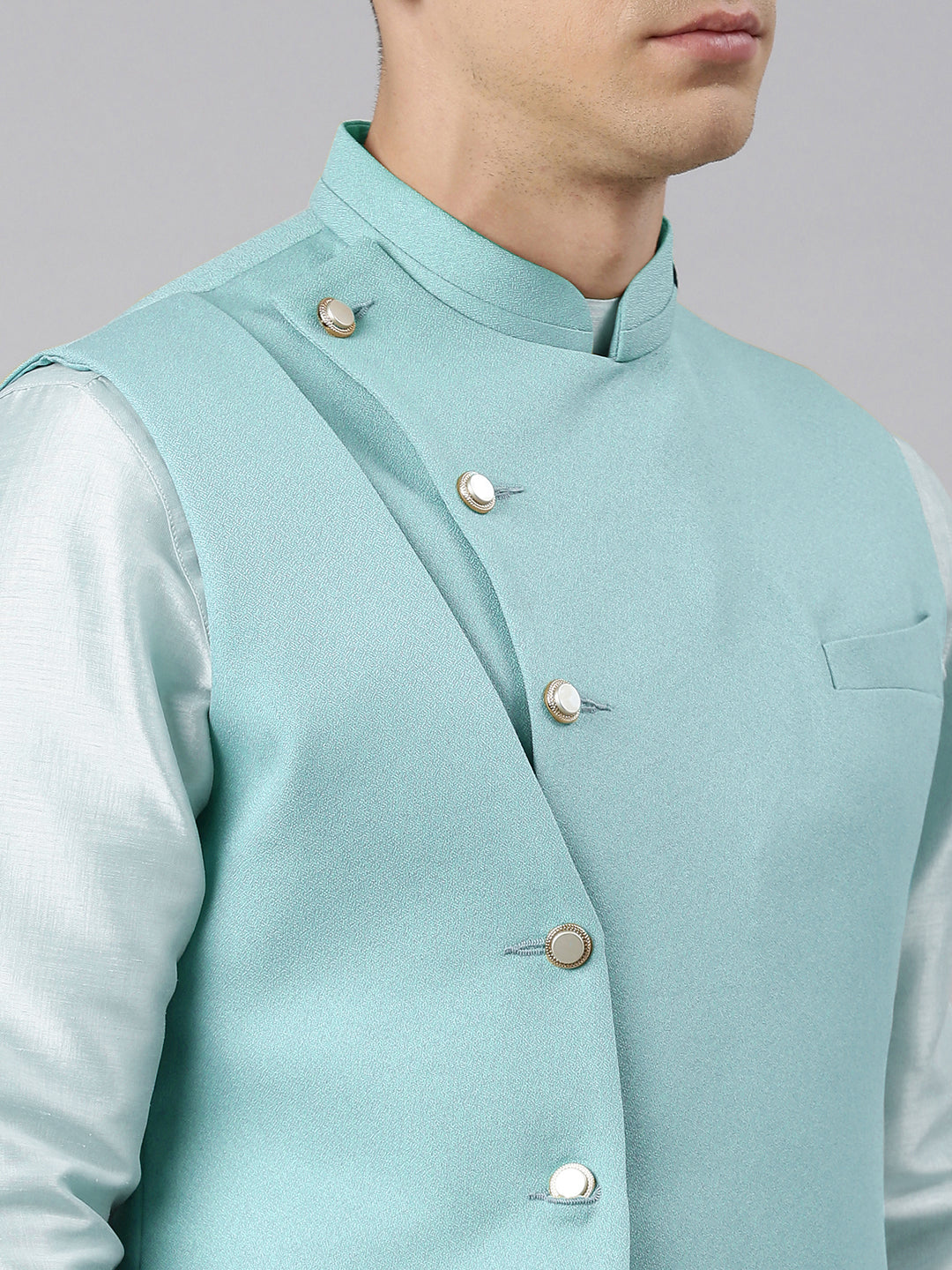 Sky Blue Waistcoat Jacket With Mint Crushed Kurta