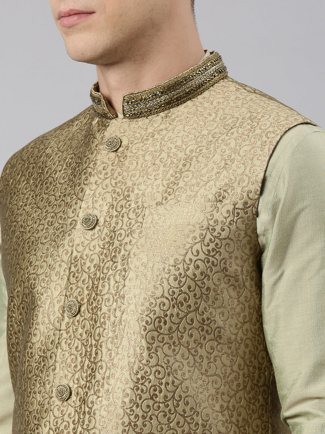 Gold Brocade Jacket With Open Style Light Green Kurta Set