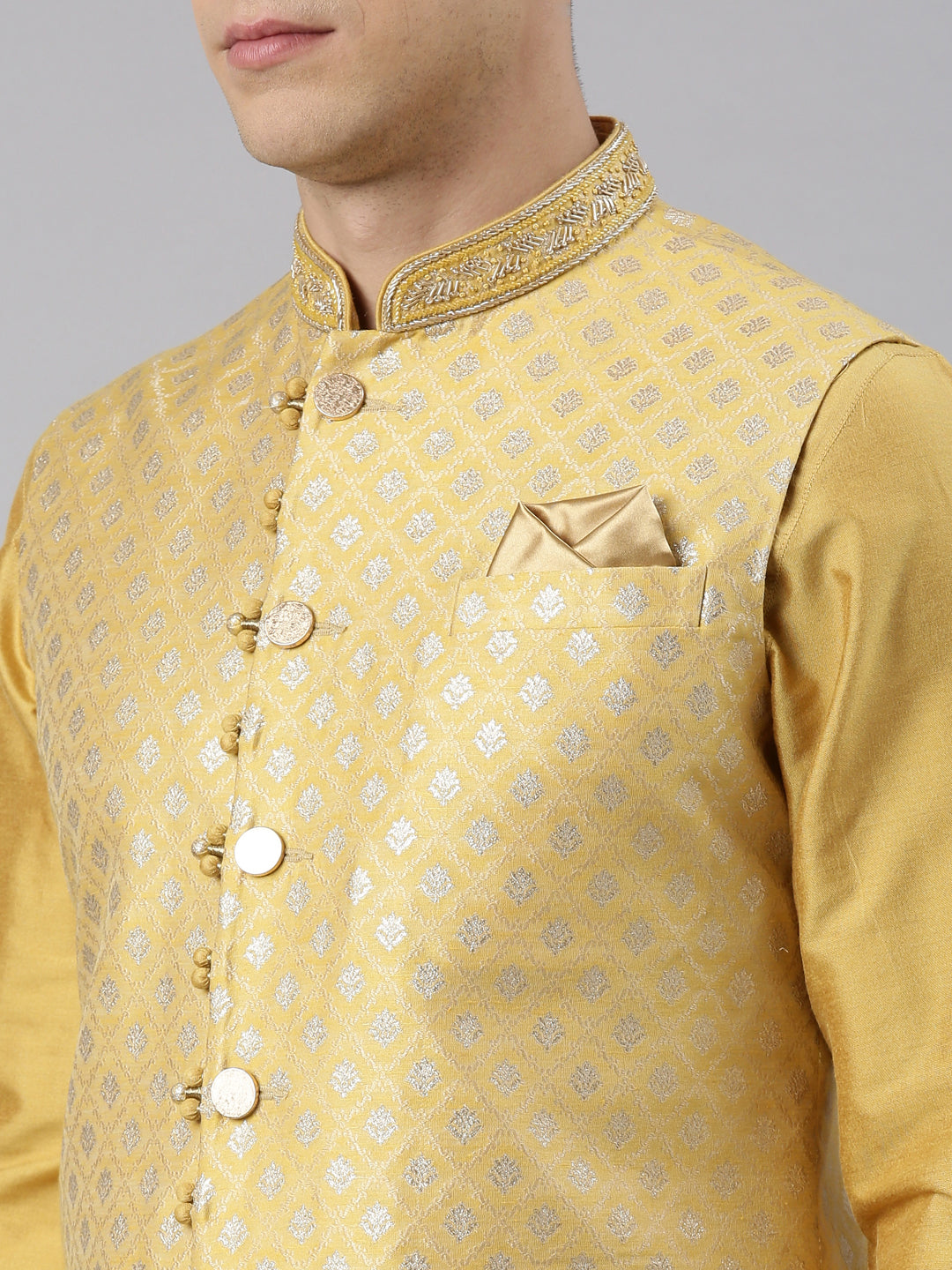 Yellow Banarasi Jacket With Yellow Kurta Set