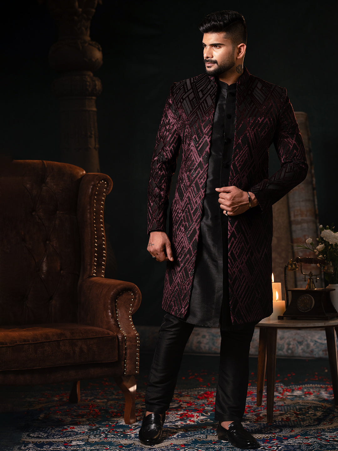 Wine Velvet Indowestern Set