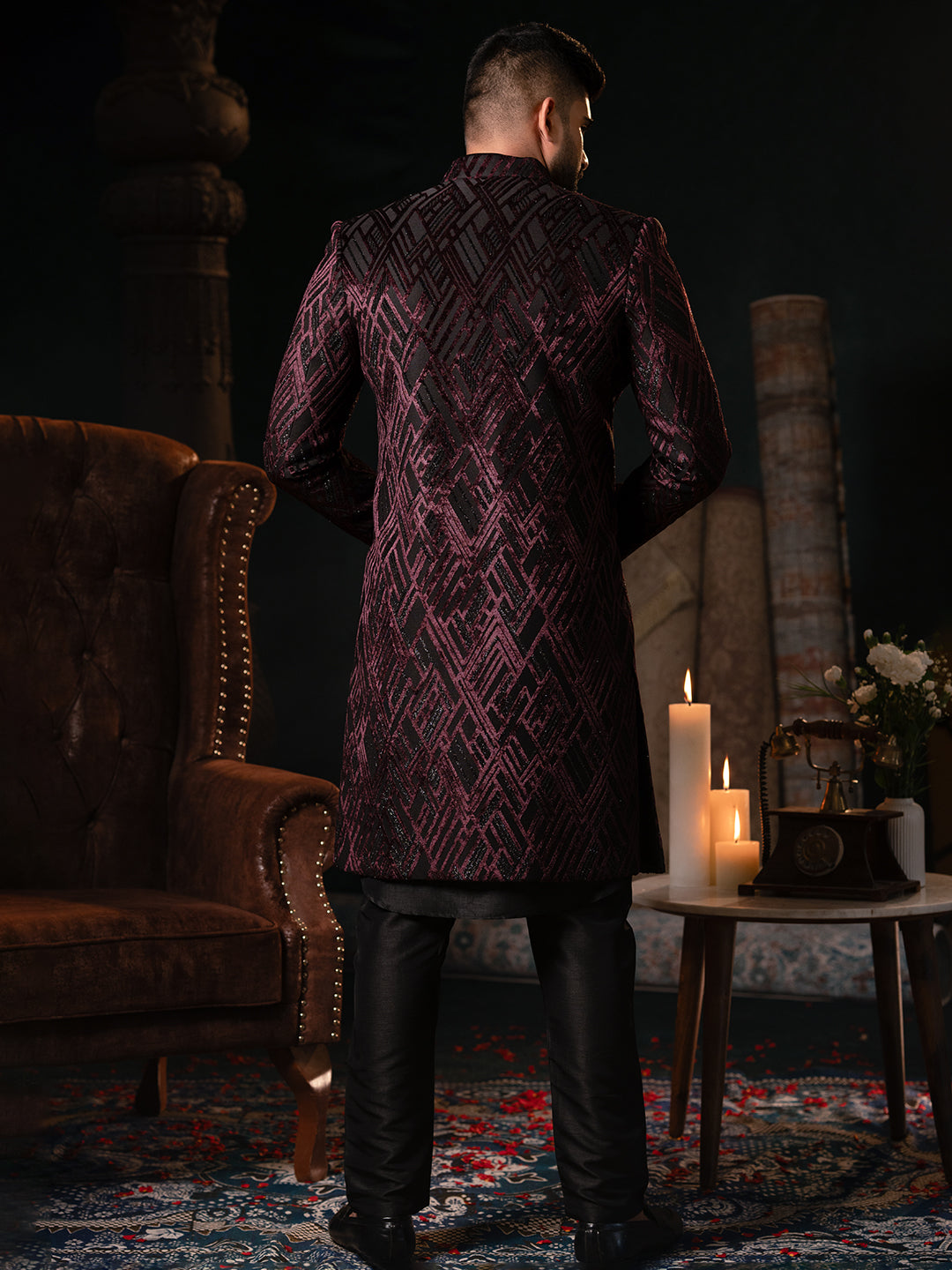 Wine Velvet Indowestern Set