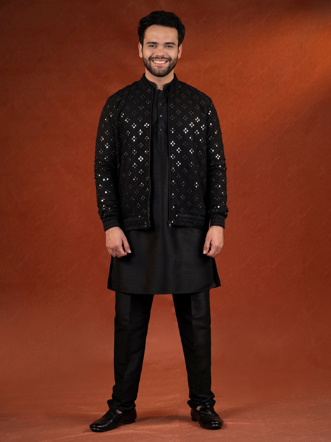 Black Mirror Embroidery Jacket Kurta set