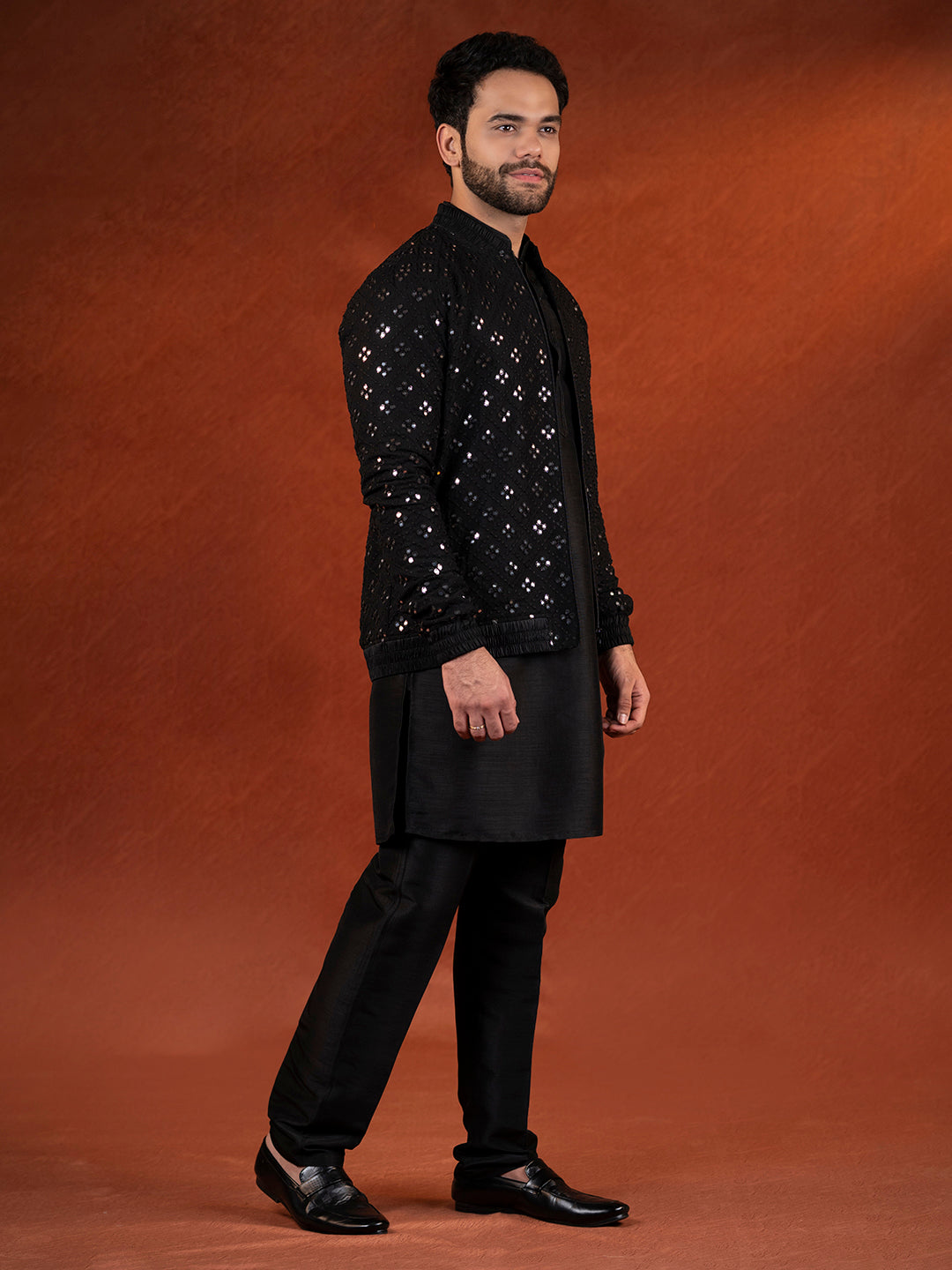 Black Mirror Embroidery Jacket Kurta set