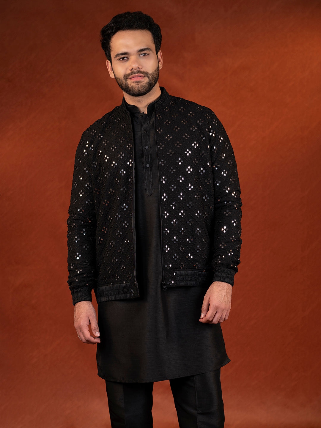 Black Mirror Embroidery Jacket Kurta set