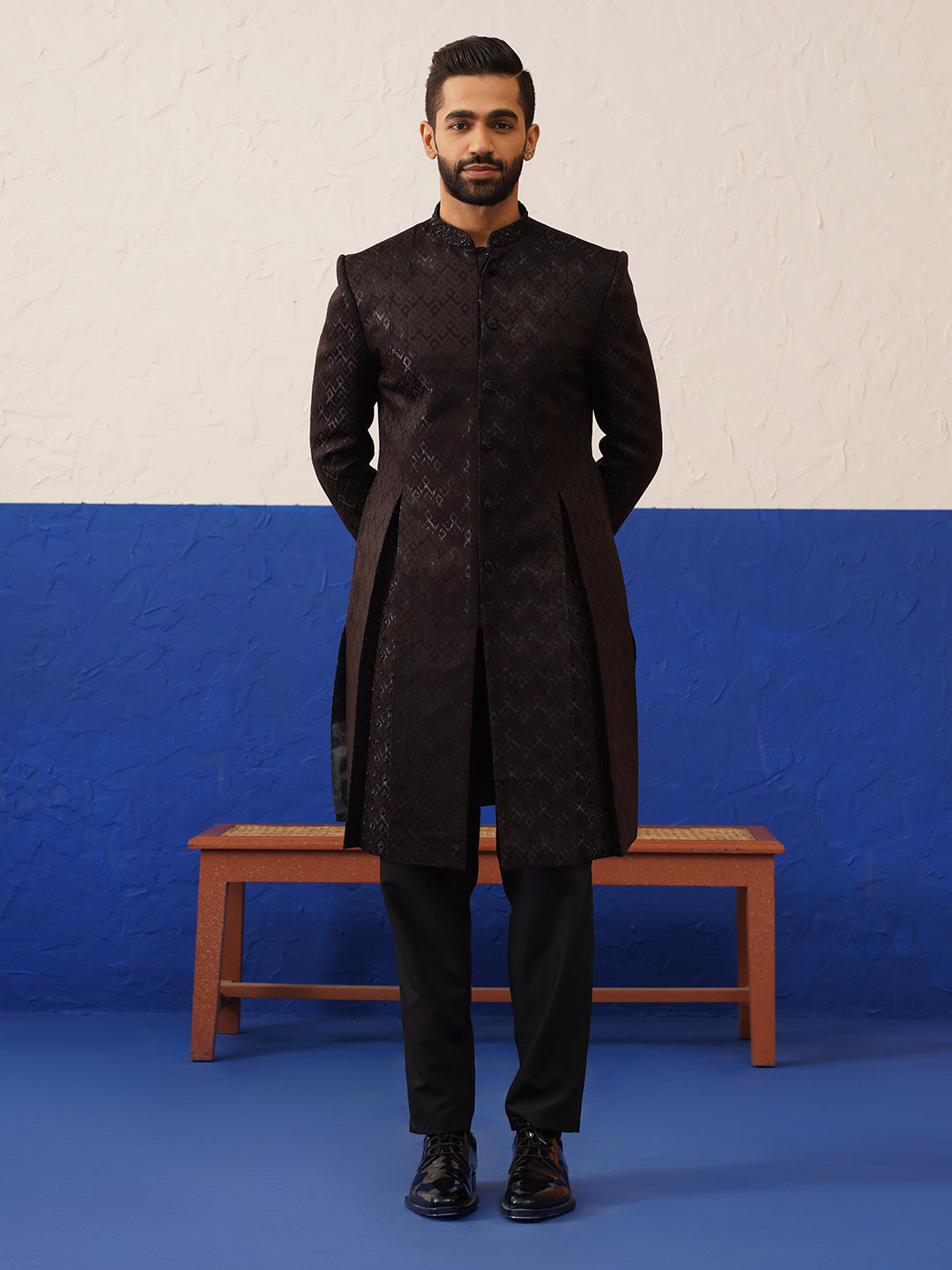 Dark brown embroidery sherwani set