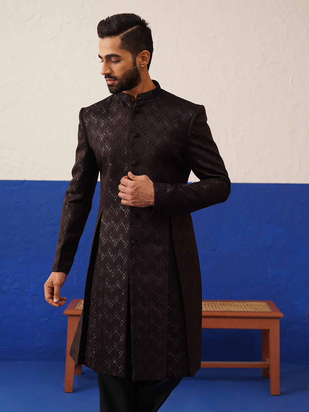 Dark brown embroidery sherwani set