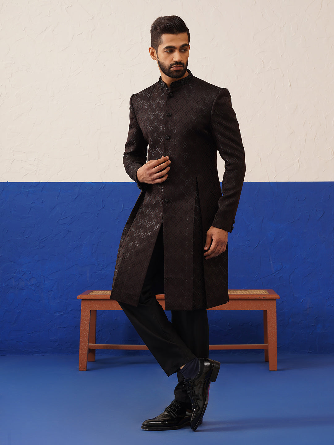 Dark brown embroidery sherwani set