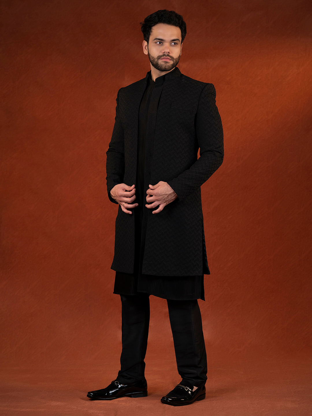 Anupam Kher in Black Shimmer Jacket Kurta set