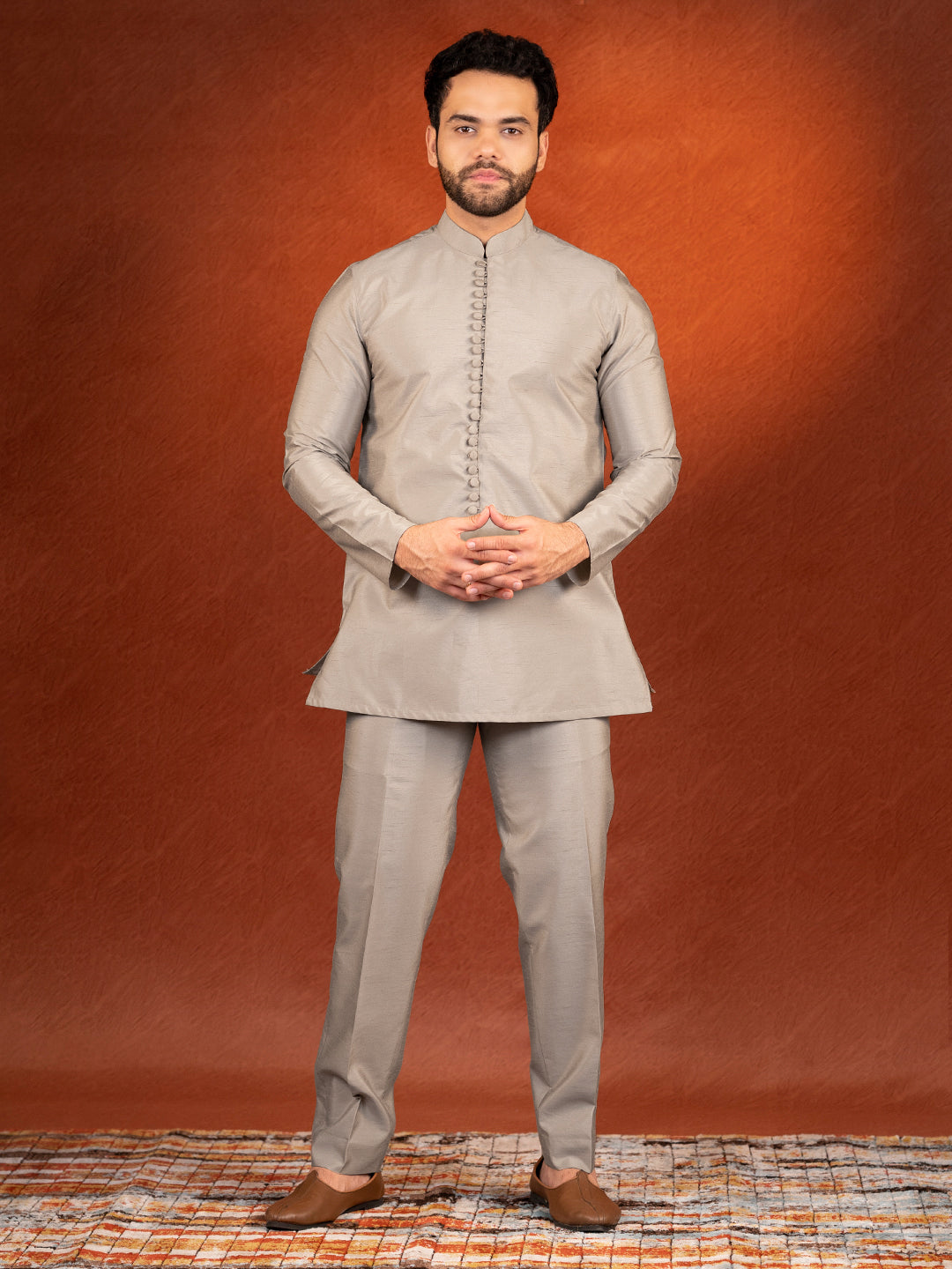 Sepia Embroidered Long Jacket Kurta Set