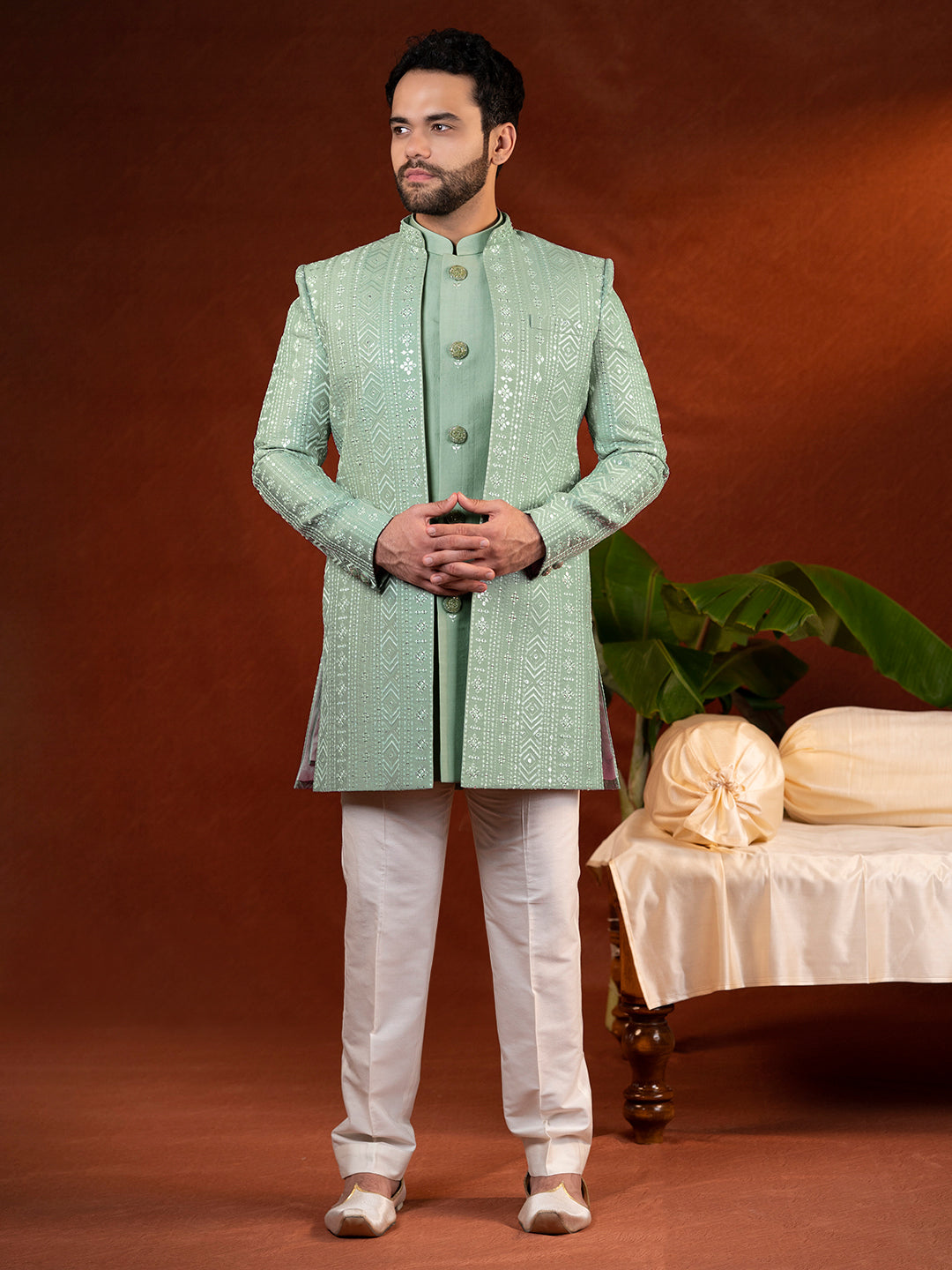 Pista green open jacket with kurta set