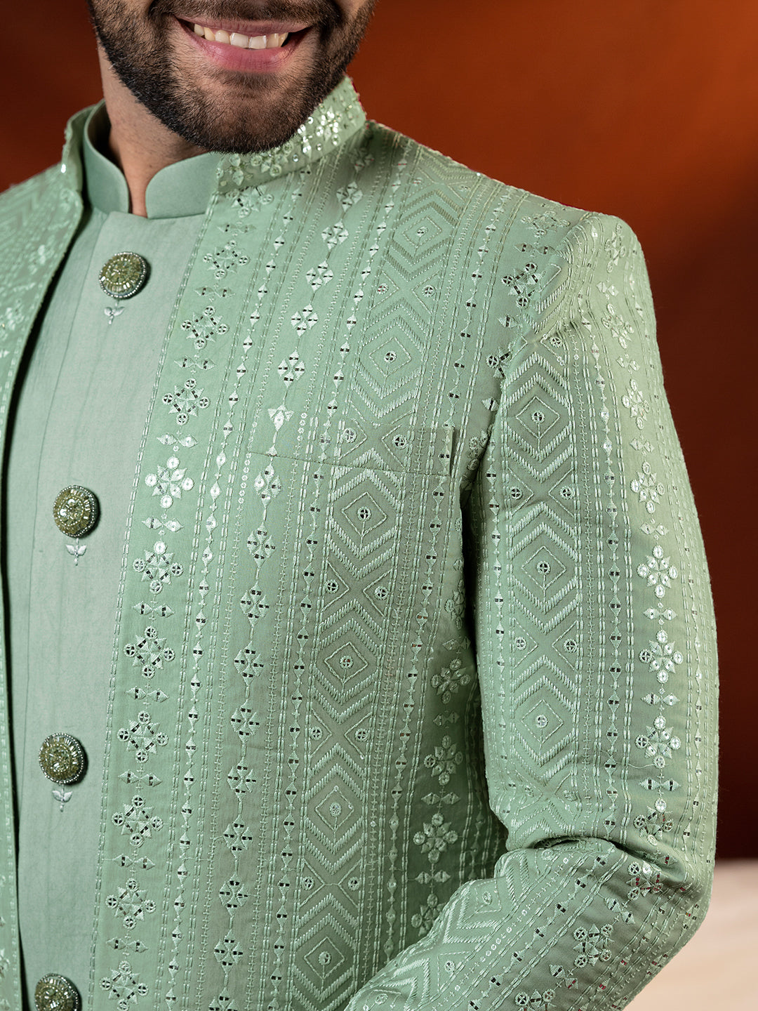 Pista green open jacket with kurta set