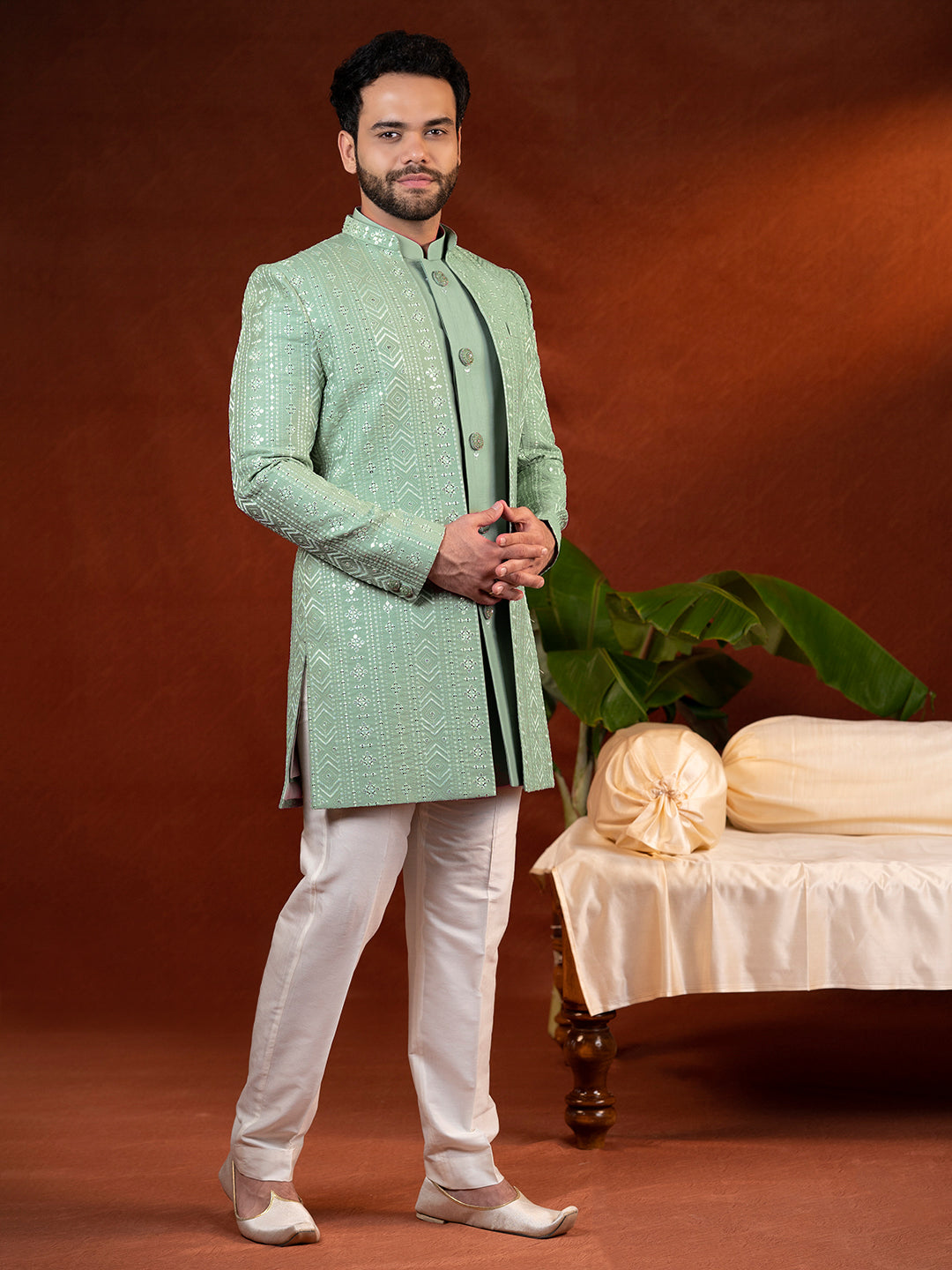 Pista green open jacket with kurta set