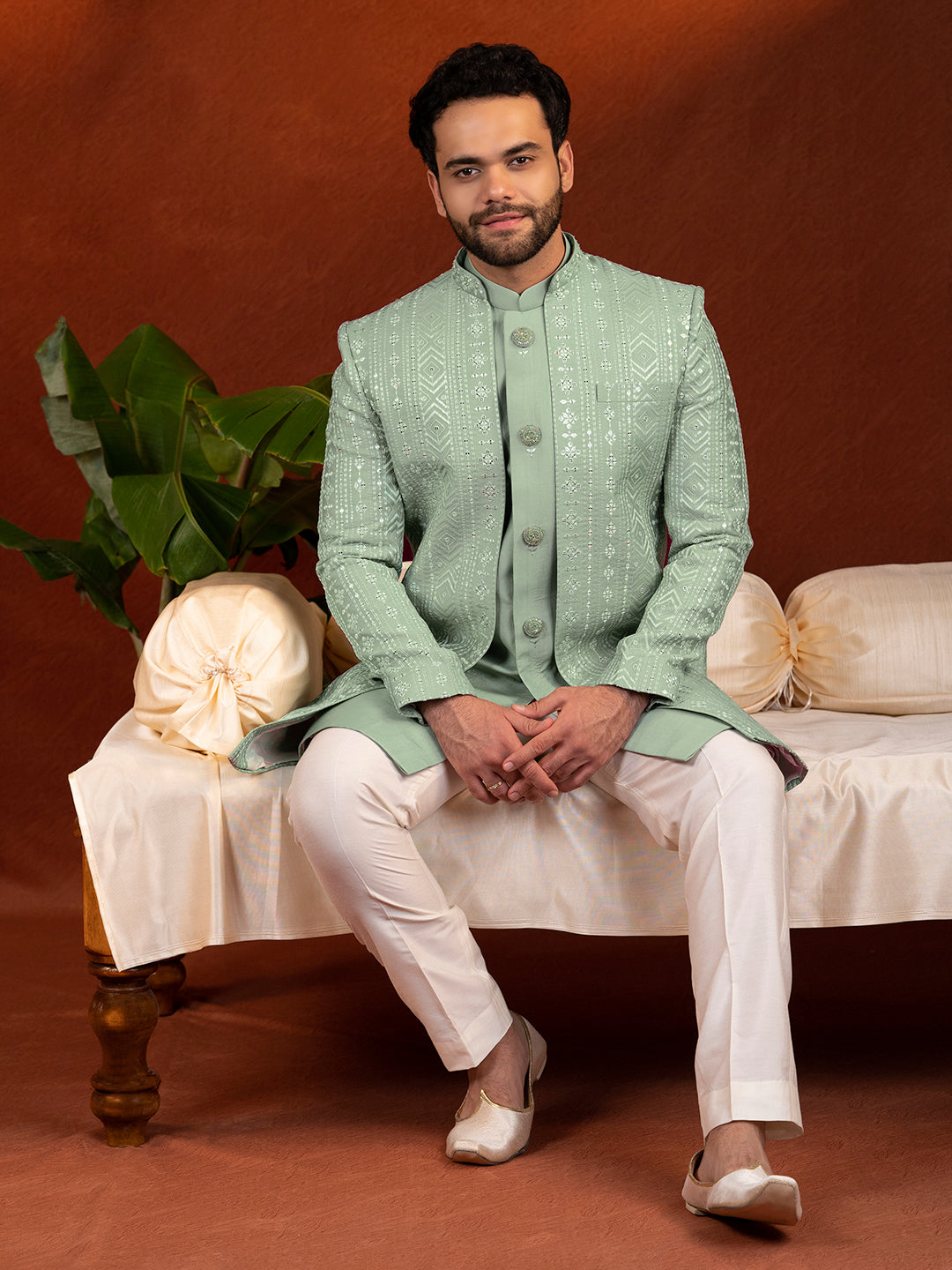 Pista green open jacket with kurta set