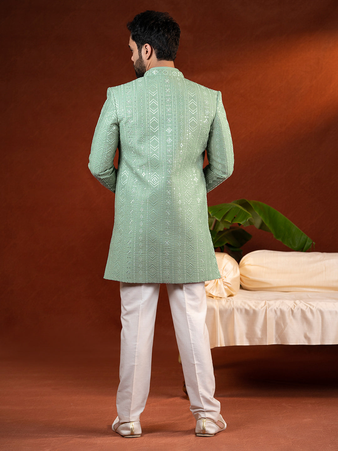 Pista green open jacket with kurta set