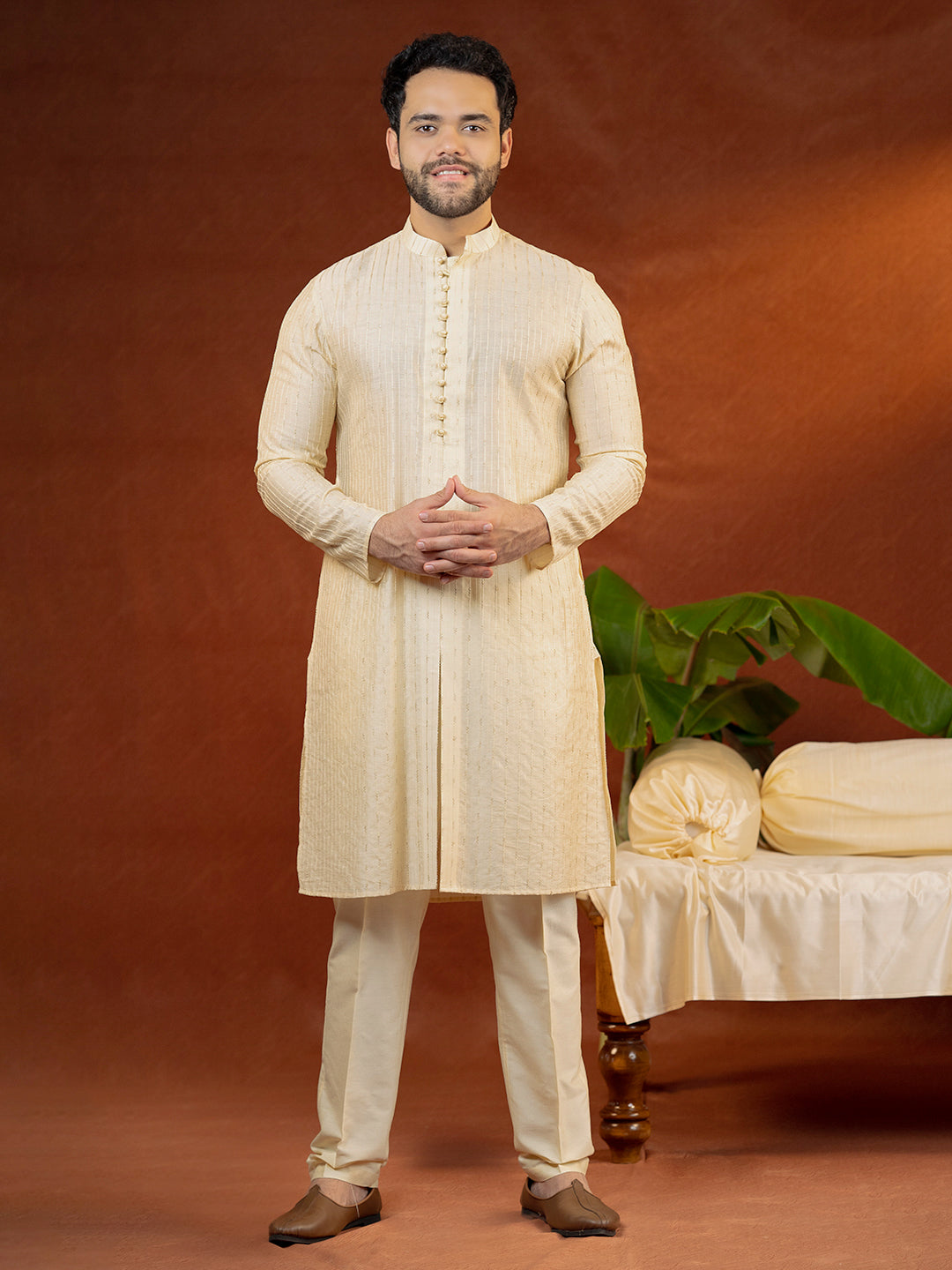 Cream Heavy Embroidered Front Open Sleeveless Jacket Kurta Set