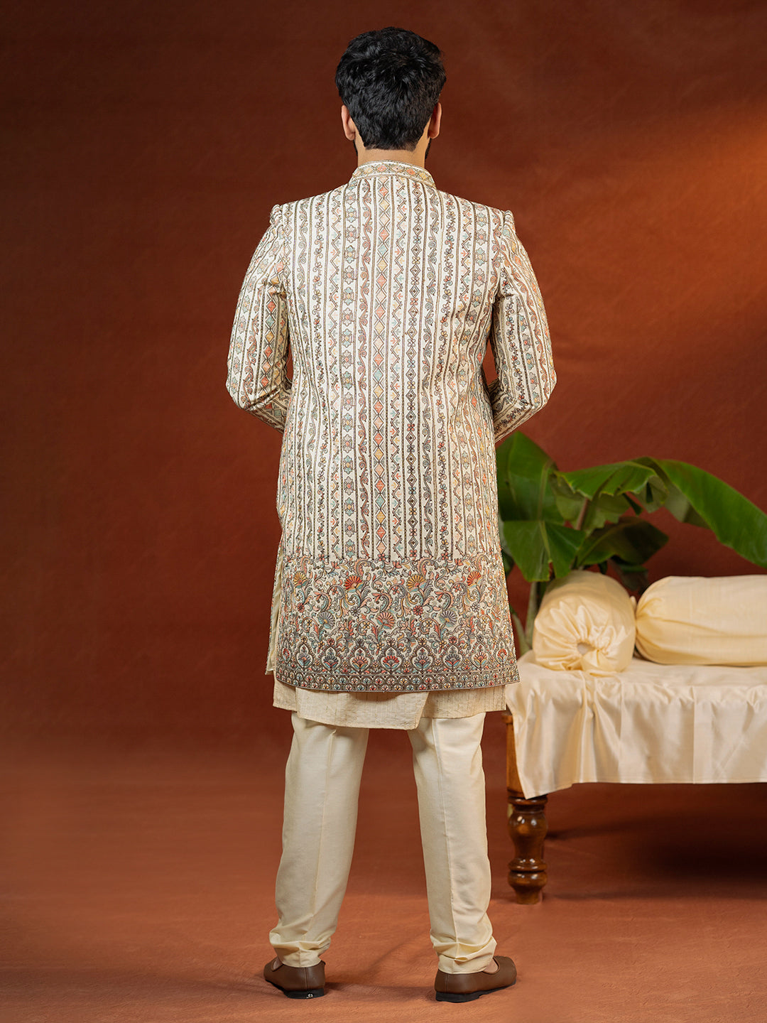 Cream Heavy Embroidered Front Open Sleeveless Jacket Kurta Set