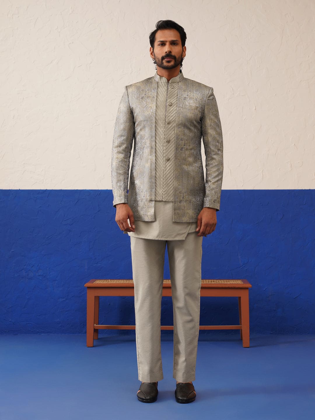 Greyish Brown Jacquard Textured Indo and Kurta Set