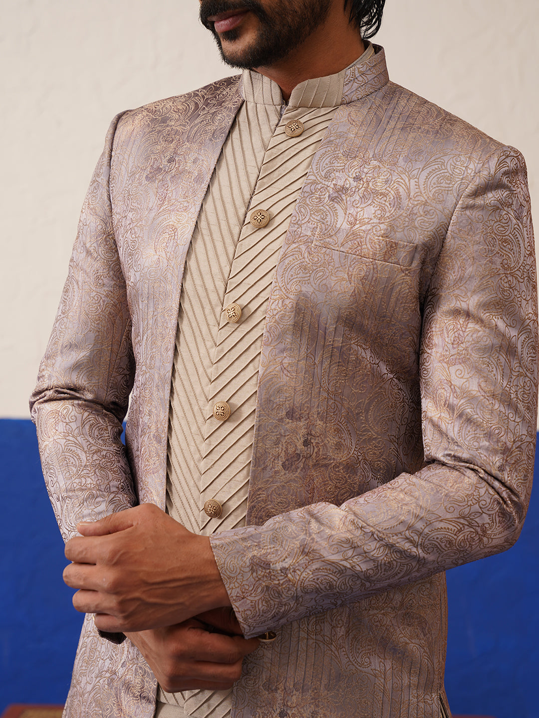 Greyish Brown Jacquard Textured Indo and Kurta Set