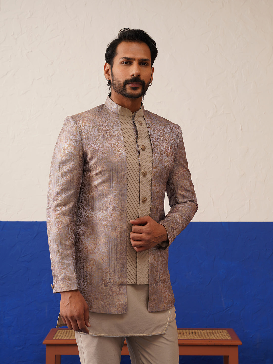 Greyish Brown Jacquard Textured Indo and Kurta Set