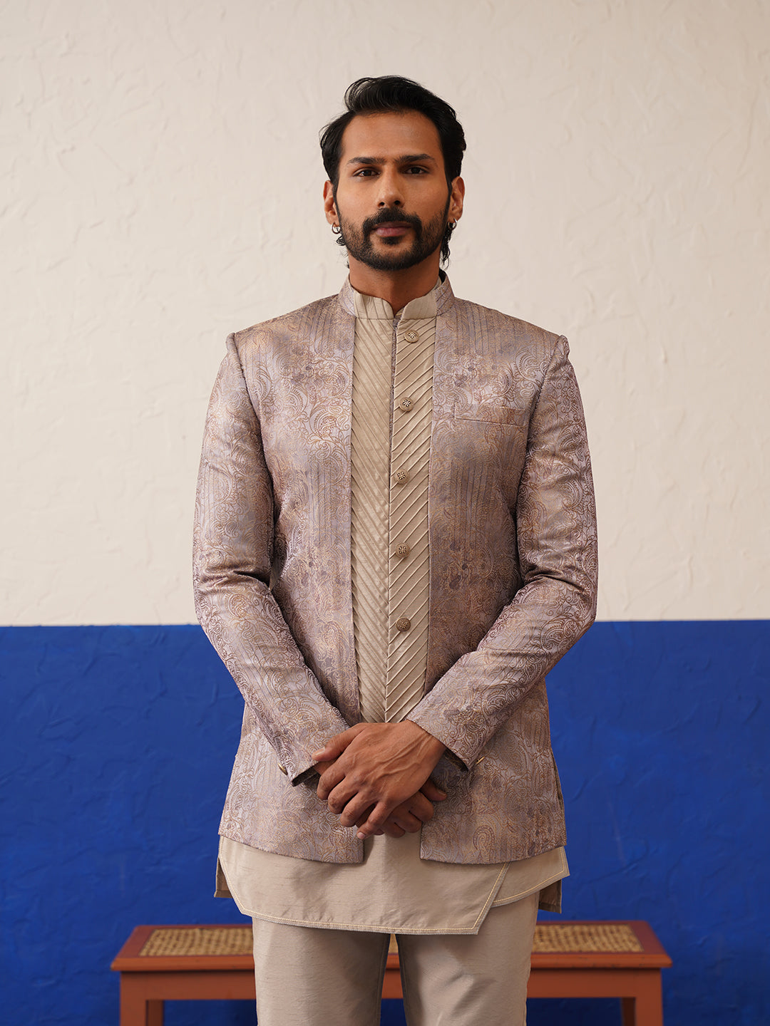 Greyish Brown Jacquard Textured Indo and Kurta Set