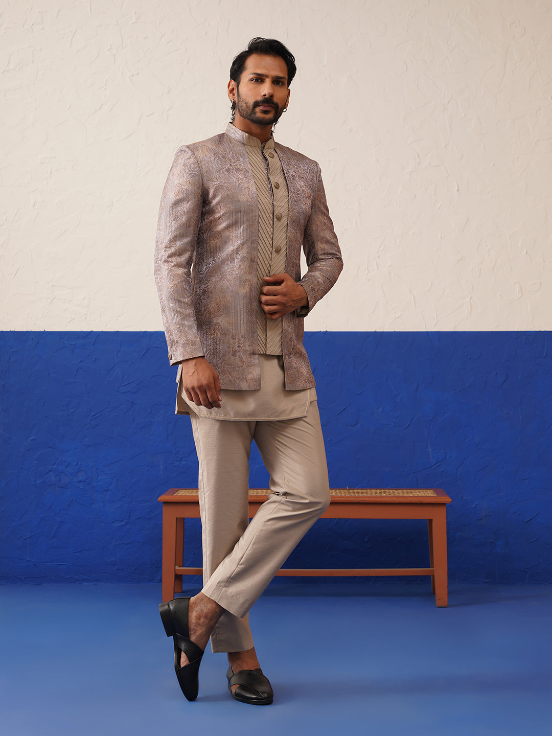 Greyish Brown Jacquard Textured Indo and Kurta Set