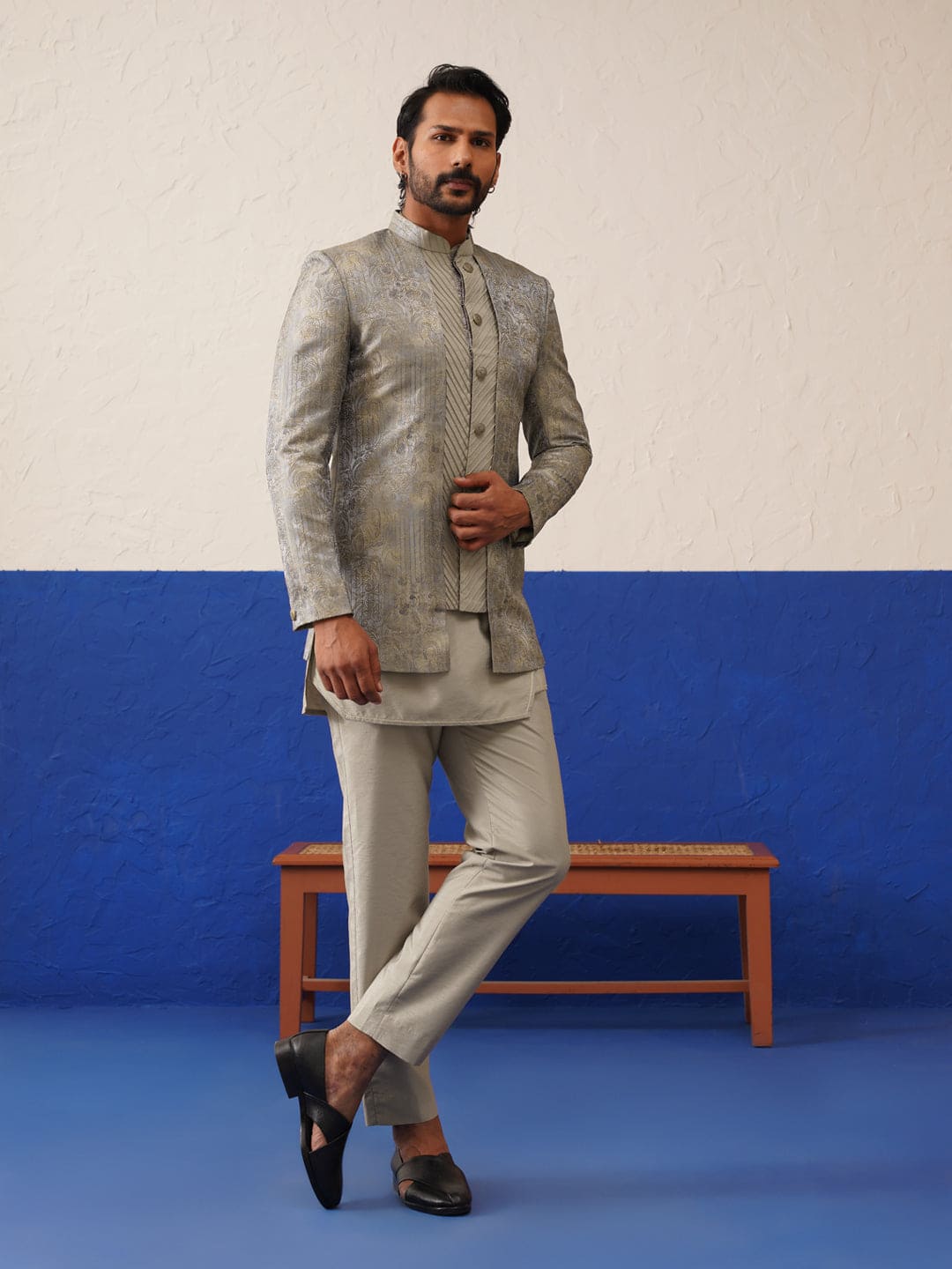 Greyish Brown Jacquard Textured Indo and Kurta Set