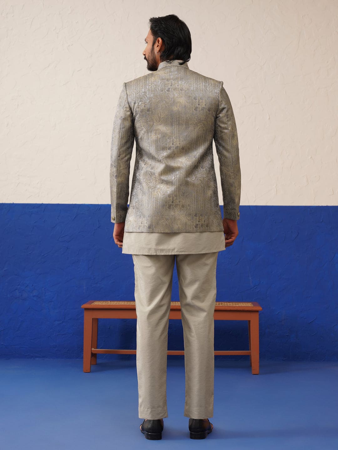 Greyish Brown Jacquard Textured Indo and Kurta Set