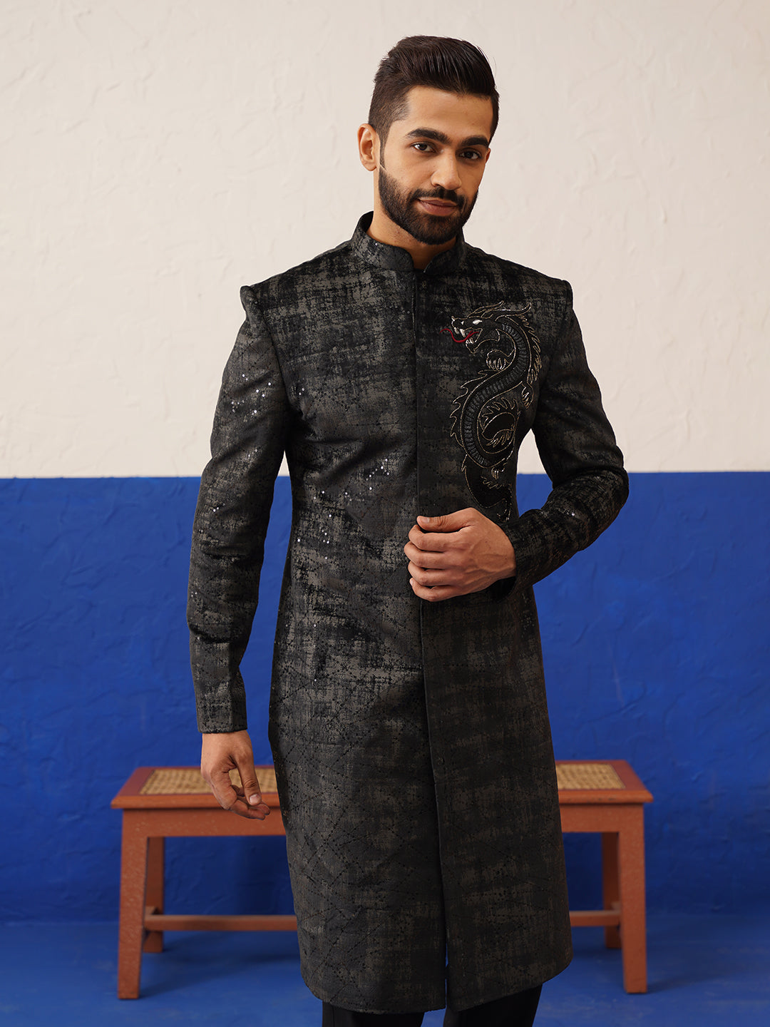 Black & Grey Textured Indo Set with Dragon Embroidery