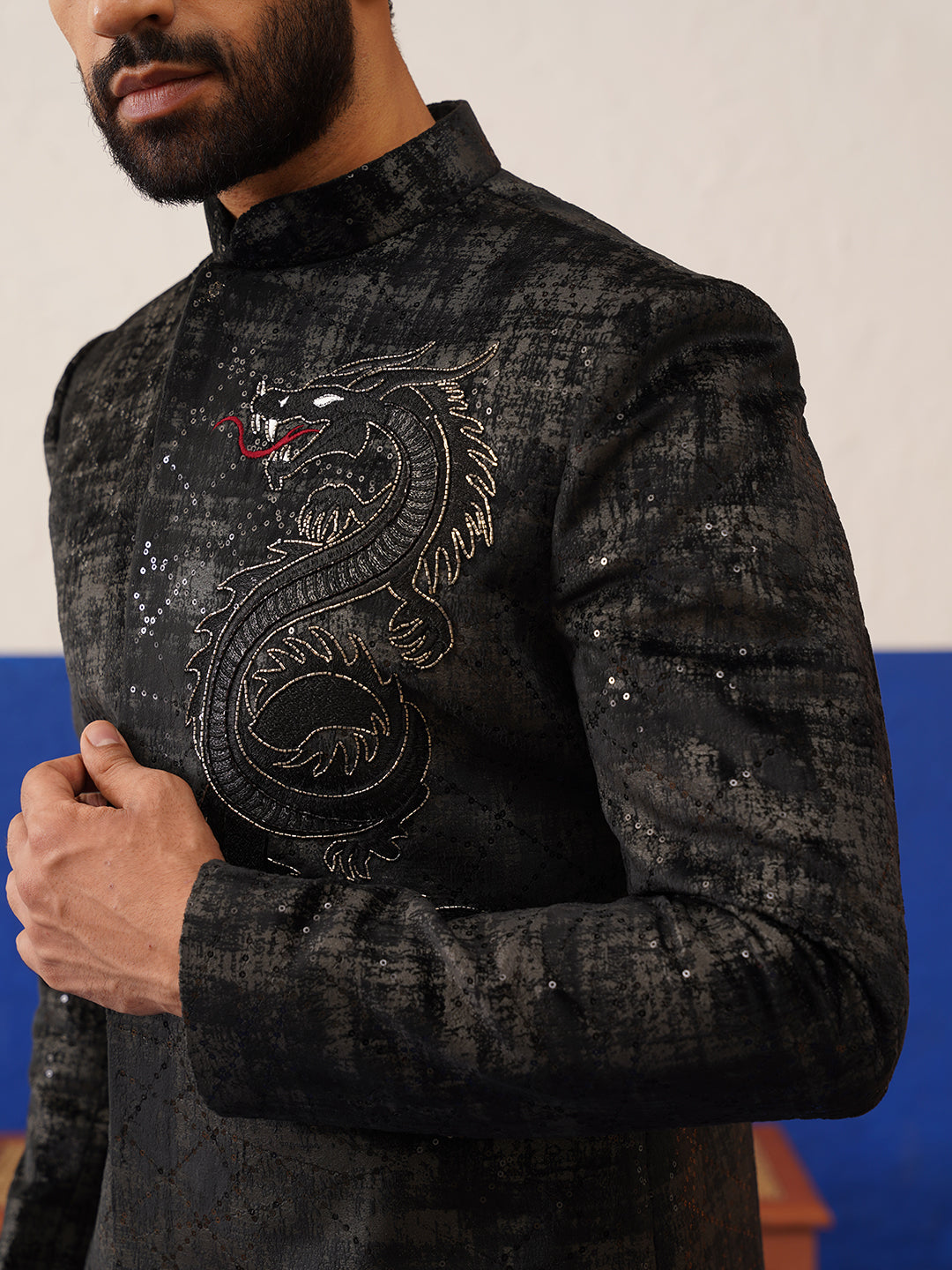 Black & Grey Textured Indo Set with Dragon Embroidery