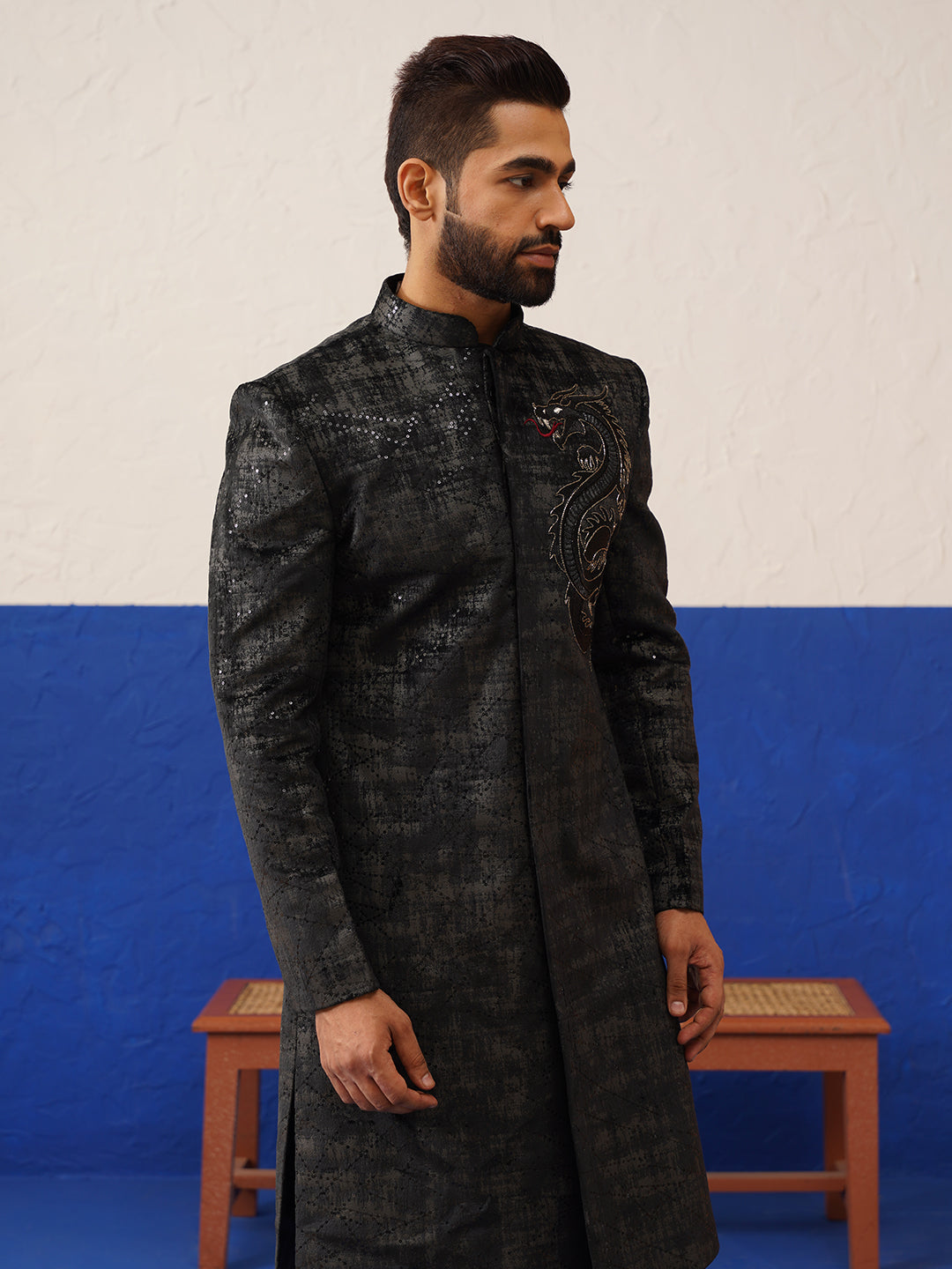 Black & Grey Textured Indo Set with Dragon Embroidery