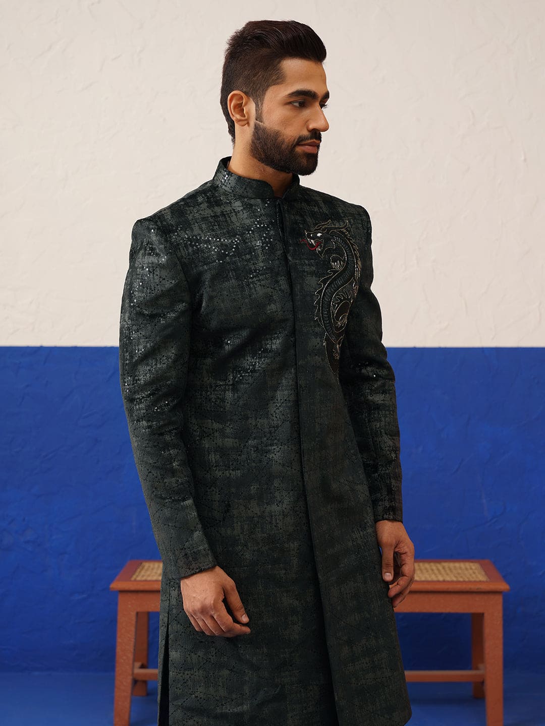 Black & Grey Textured Indo Set with Dragon Embroidery