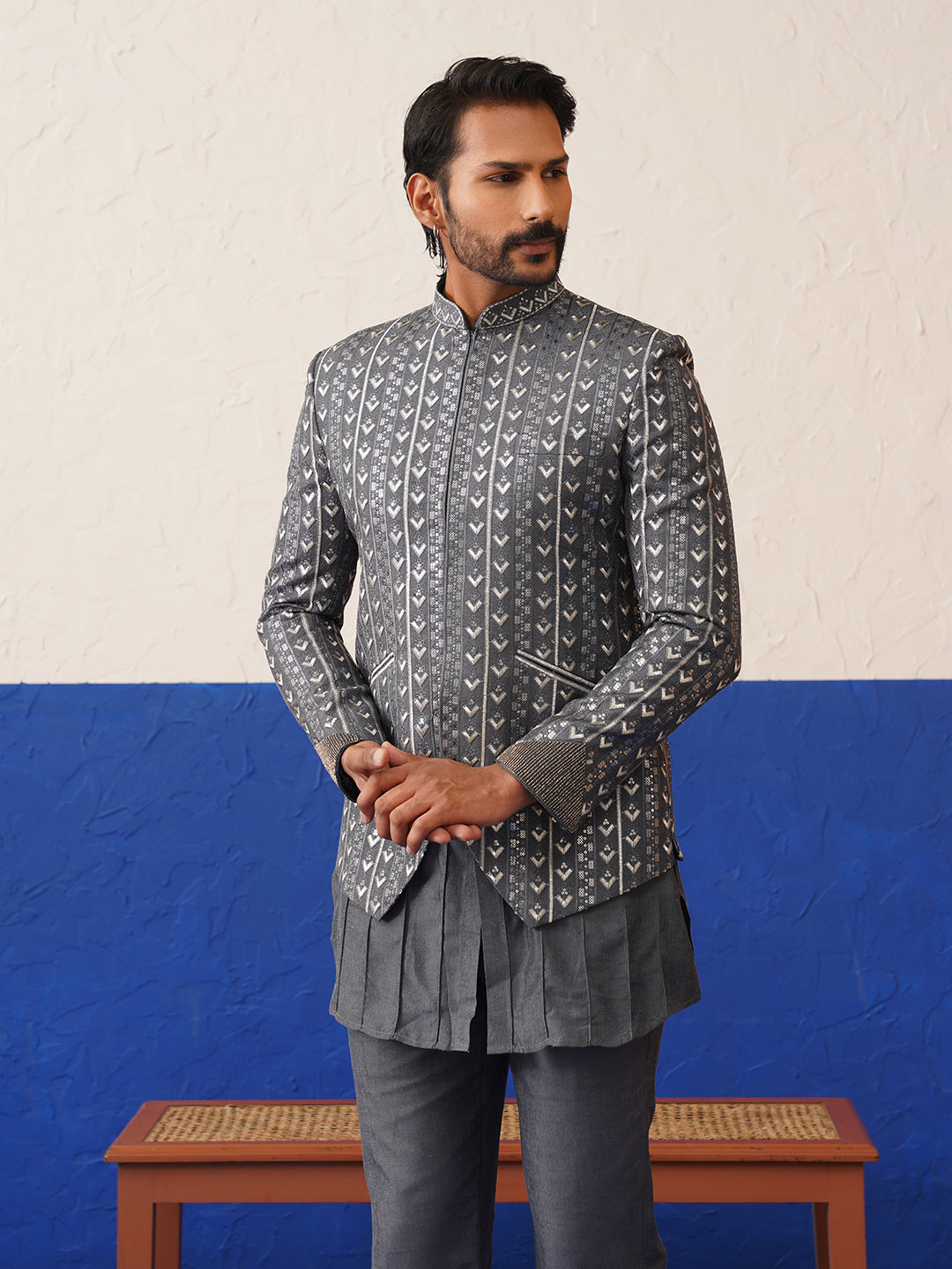 Geometric embroidered Short Jacket with pleated Kurta Set