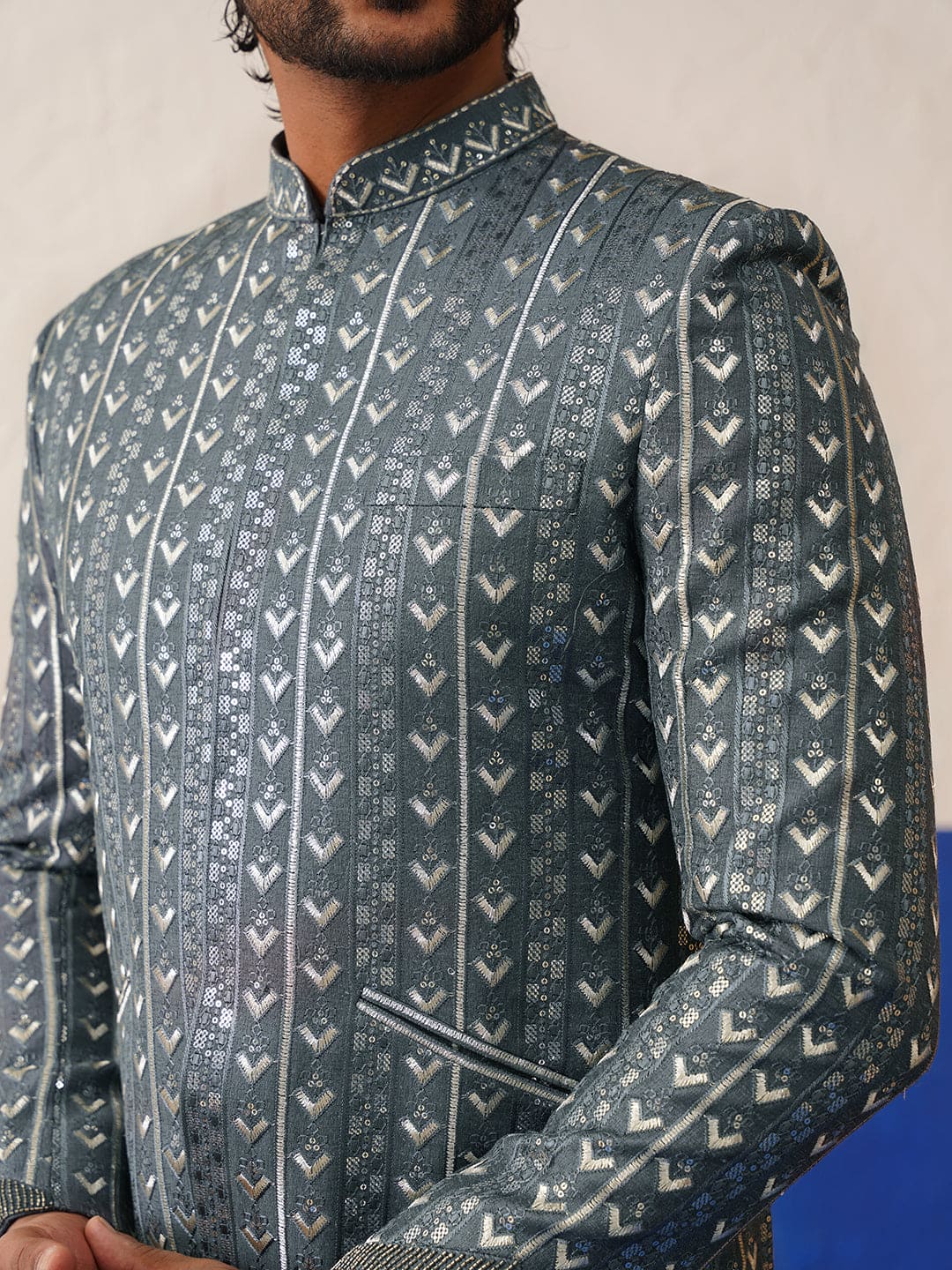 Geometric embroidered Short Jacket with pleated Kurta Set