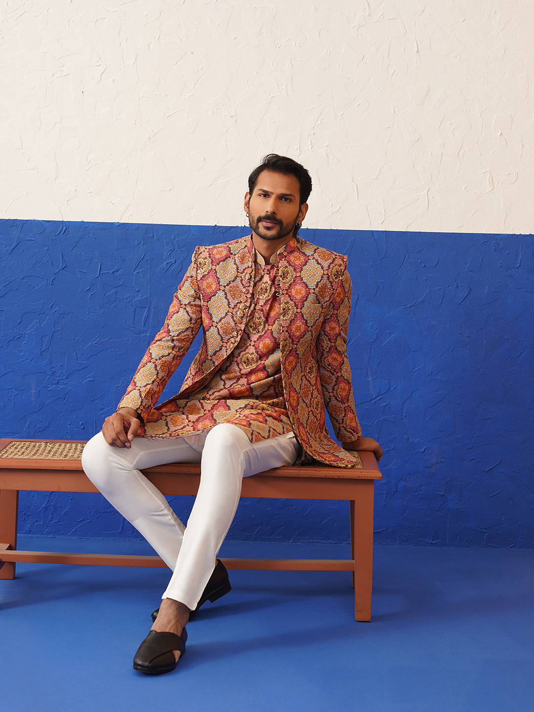 Multi color Short Jacket with printed Kurta indo set