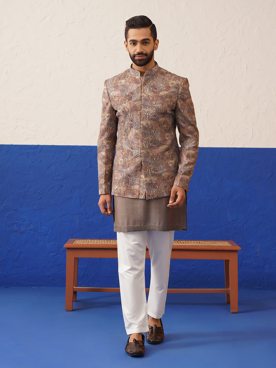 Multi Colour printed and embroidered short kurta indo set