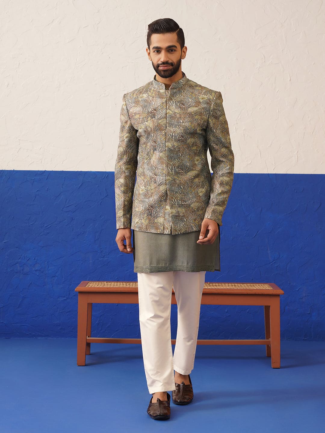 Multi Colour printed and embroidered short kurta indo set