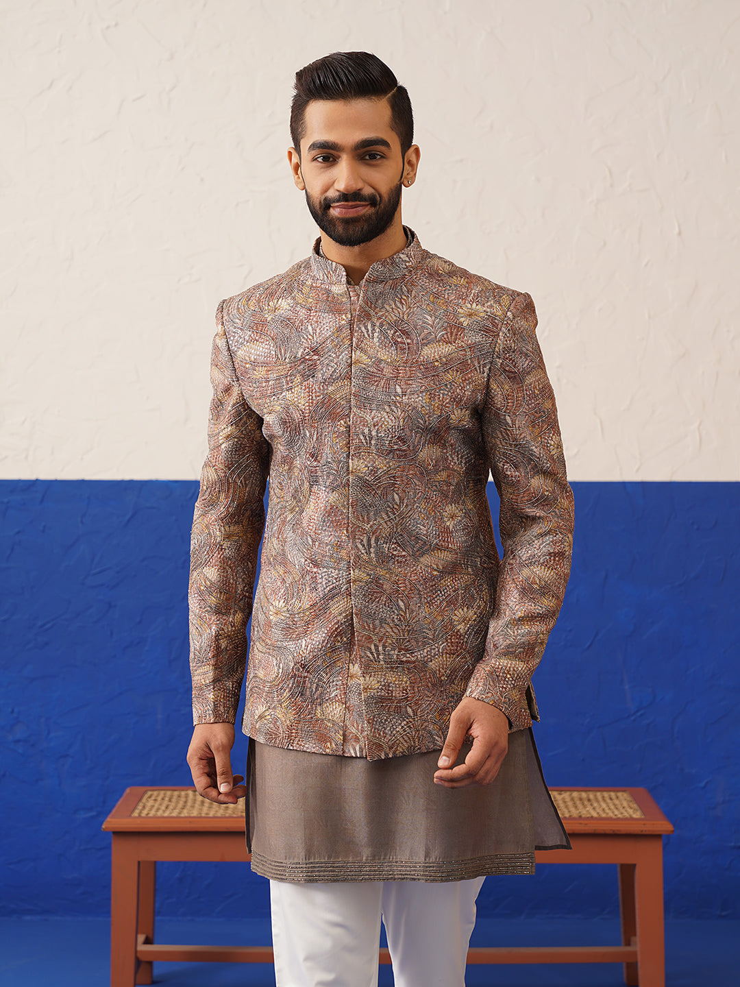 Multi Colour printed and embroidered short kurta indo set