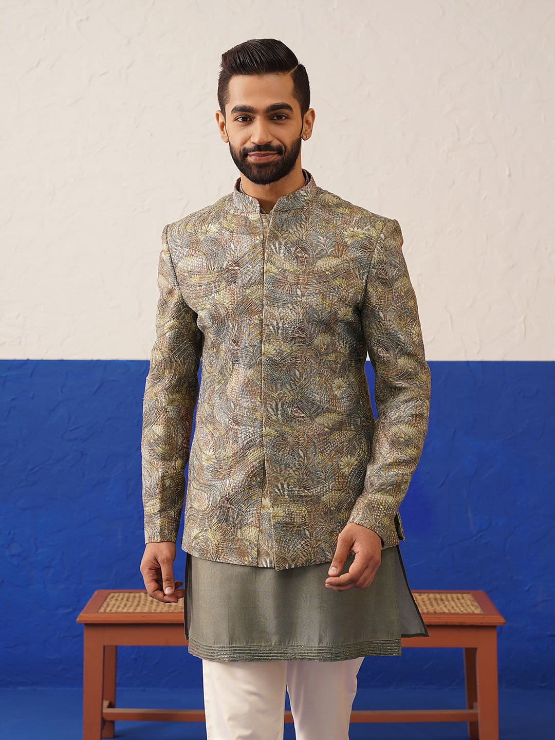 Multi Colour printed and embroidered short kurta indo set