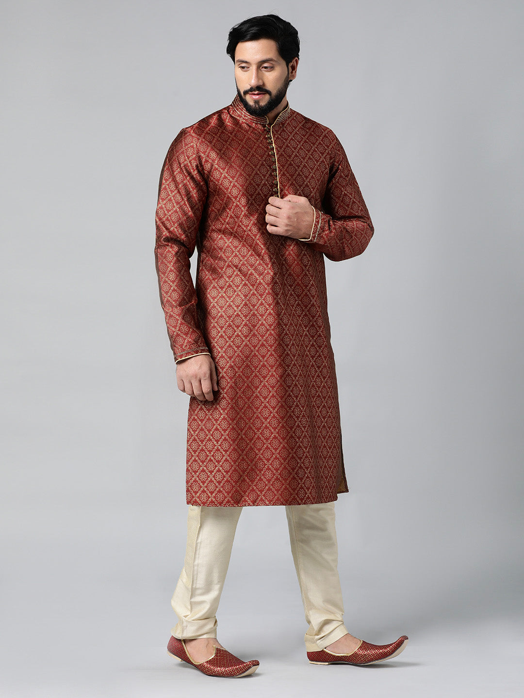 Maroon with Golden Floral Jaal Open Kurta Set