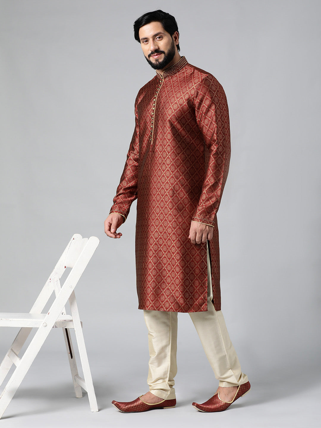 Maroon with Golden Floral Jaal Open Kurta Set