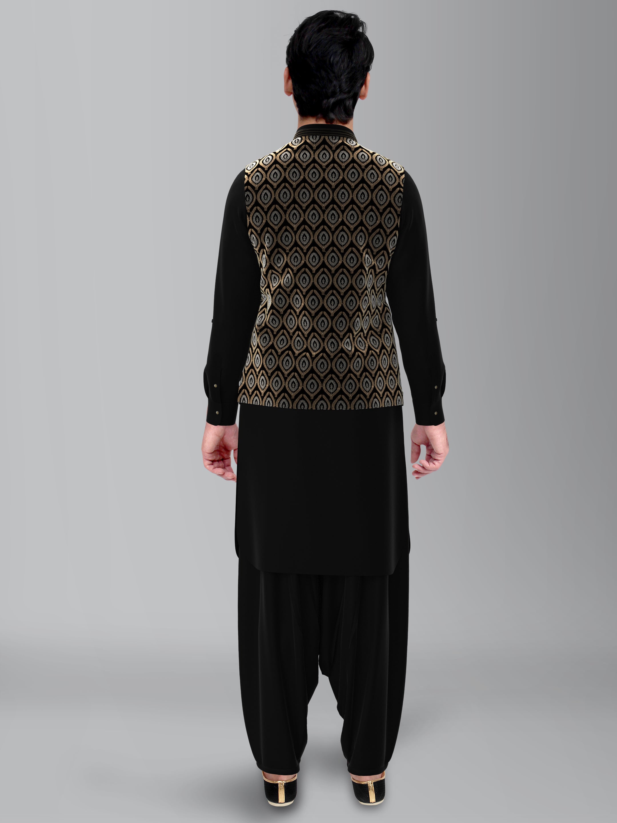 Black Velvet Embroidered Jacket Pathani Kurta Set